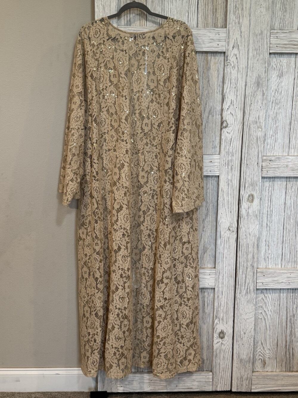 Roaman's Floral Lace Duster Cardigan Overlay 34W Open Front Beige Party New